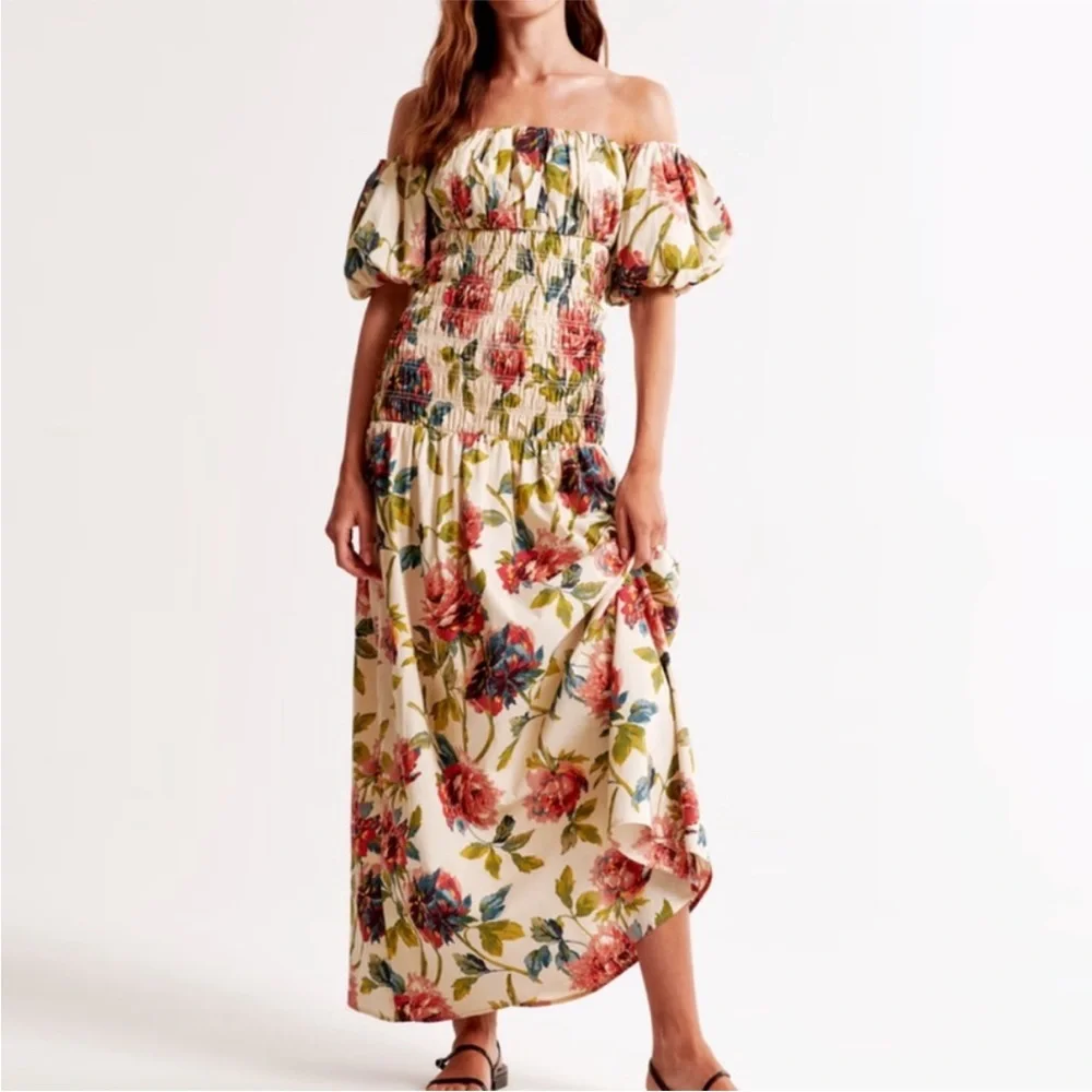 Abercrombie & Fitch Cream/Pale Yellow Floral Off-Shoulder Puff Sleeve Maxi Dress